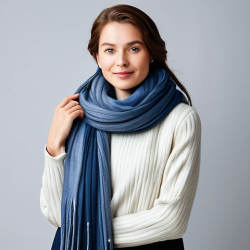Home 11 A professional woman with elegant styling, fully clothed in a modest, contemporary winter outfit, standing in a well-lit, minimalist fashion studio. She is gracefully posing with various high-quality scarves in diverse colors – some cool-toned like muted blue and lavender, others warm-toned like rich camel and warm brown. The scarves are draped artistically around her neck and shoulders, showcasing their textures, including soft cashmere and luxurious wool. The focus is on the scarves as fashion accessories, complementing the overall professional aesthetic. Perfect anatomy, natural pose, correct proportions, well-formed hands, proper finger count. Professional fashion photography, studio lighting, high resolution, soft focus background, safe for work, appropriate content, modest, family-friendly.