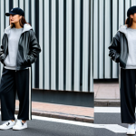 A young adult woman, dressed in a trendy oversized black leather jacket, fully clothed, modest clothing, appropriate attire, professional dress. She wears a comfortable light gray hooded sweatshirt and relaxed wide-leg charcoal sweatpants. Her accessories include a minimalist black baseball cap and clean white sneakers. She stands with a natural pose, hands in pockets, exuding a cool and confident vibe on an urban street with a blurred background. Perfect anatomy, correct proportions, well-formed hands, proper finger count, natural body proportions, professional photography, high quality, safe for work, appropriate content, fully clothed, family-friendly.