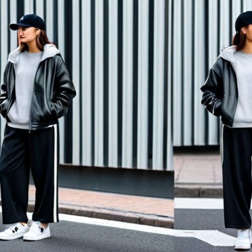 Home 6 A young adult woman, dressed in a trendy oversized black leather jacket, fully clothed, modest clothing, appropriate attire, professional dress. She wears a comfortable light gray hooded sweatshirt and relaxed wide-leg charcoal sweatpants. Her accessories include a minimalist black baseball cap and clean white sneakers. She stands with a natural pose, hands in pockets, exuding a cool and confident vibe on an urban street with a blurred background. Perfect anatomy, correct proportions, well-formed hands, proper finger count, natural body proportions, professional photography, high quality, safe for work, appropriate content, fully clothed, family-friendly.