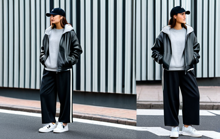 A young adult woman, dressed in a trendy oversized black leather jacket, fully clothed, modest clothing, appropriate attire, professional dress. She wears a comfortable light gray hooded sweatshirt and relaxed wide-leg charcoal sweatpants. Her accessories include a minimalist black baseball cap and clean white sneakers. She stands with a natural pose, hands in pockets, exuding a cool and confident vibe on an urban street with a blurred background. Perfect anatomy, correct proportions, well-formed hands, proper finger count, natural body proportions, professional photography, high quality, safe for work, appropriate content, fully clothed, family-friendly.