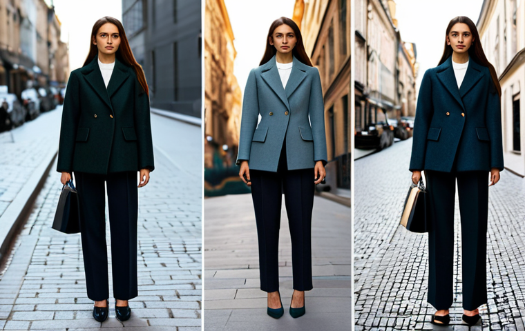 **
A petite woman in a tailored short wool coat, paired with high-waisted trousers. She is standing in a well-lit urban street, showcasing a proportional figure and stylish, appropriate attire. The color palette is tonal, emphasizing vertical lines to elongate her silhouette. Fully clothed, safe for work, modest fashion, professional photography, perfect anatomy, natural proportions, appropriate content.
**