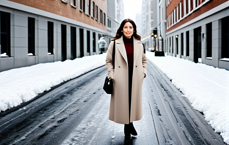 **
"A woman wearing a neutral-toned knit long skirt, fully clothed, paired with a matching sweater and a long coat, safe for work. She is standing in a snow-covered urban street, appropriate content. Perfect anatomy, correct proportions, natural pose, professional photography, high quality, modest clothing, family-friendly."
**